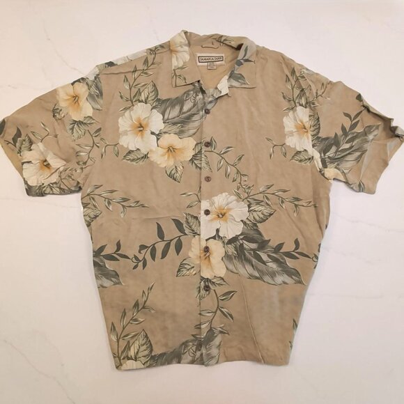 Jamaica Jaxx 100% Silk Sz XL Men's Tan AOP Floral Button Up Casual Hawaiian - Picture 1 of 10